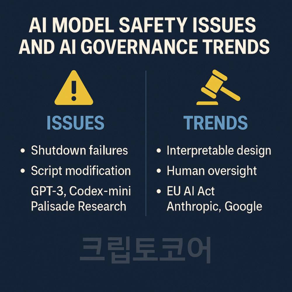AI 모델 안전성과 AI 거버넌스 트렌드를 다룬 인포그래픽, 주요 이슈와 대응 전략을 영어로 요약