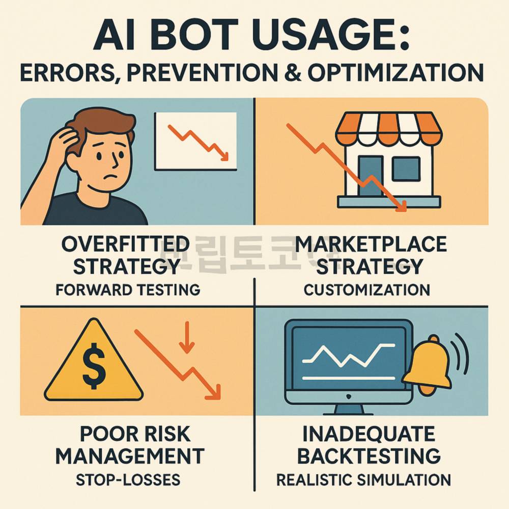 AI 자동매매 봇 사용 시 흔히 발생하는 실수와 이를 예방하고 최적화하기 위한 전략을 시각적으로 설명한 인포그래픽