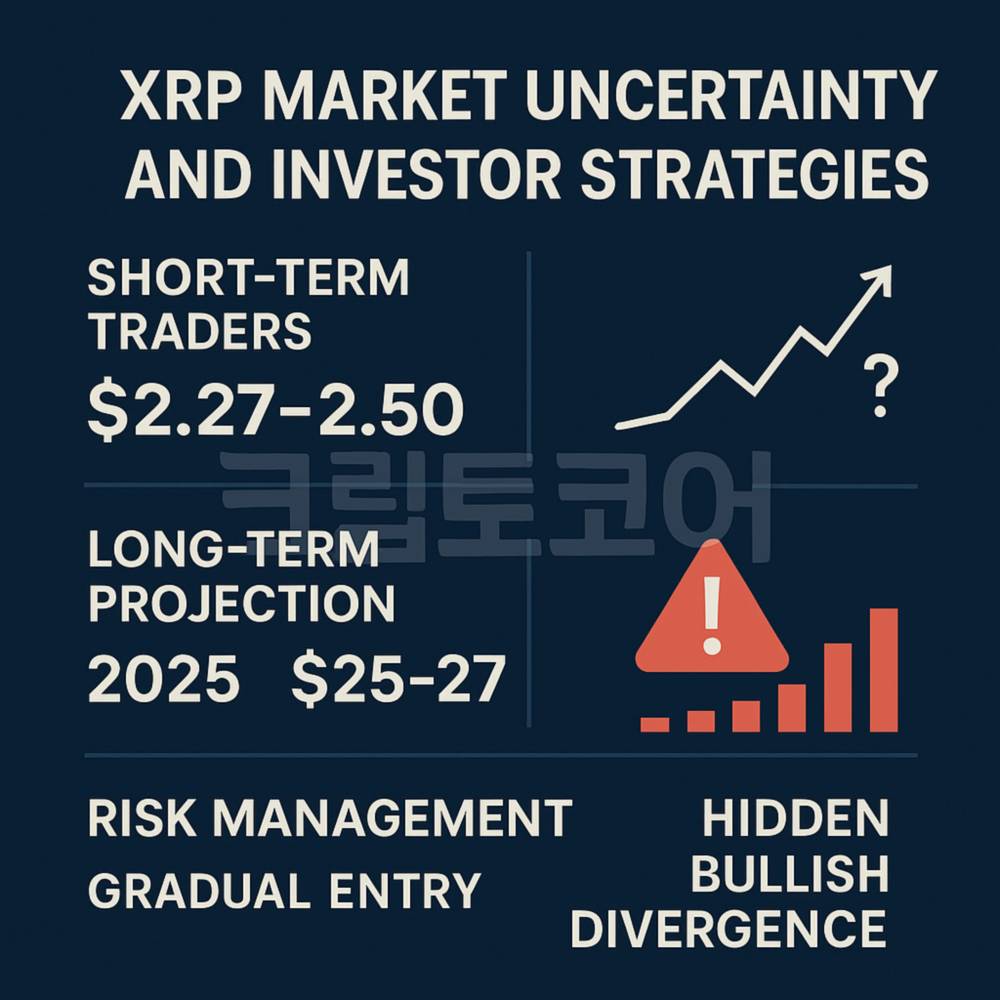 XRP 시장 전략을 설명한 인포그래픽, 가격 예측과 위험 관리 강조