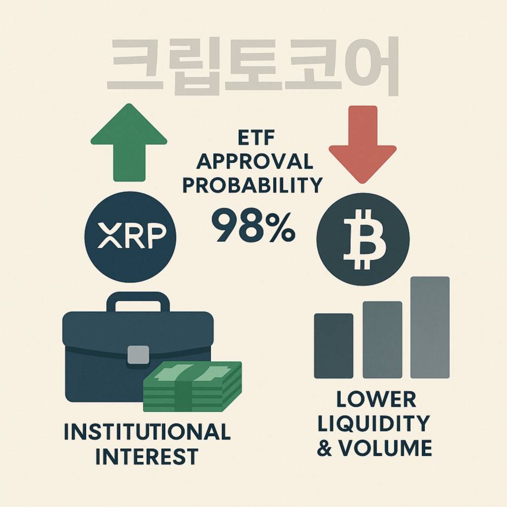 XRP ETF 승인 기대감과 비트코인 시장 유동성 차이를 설명하는 인포그래픽