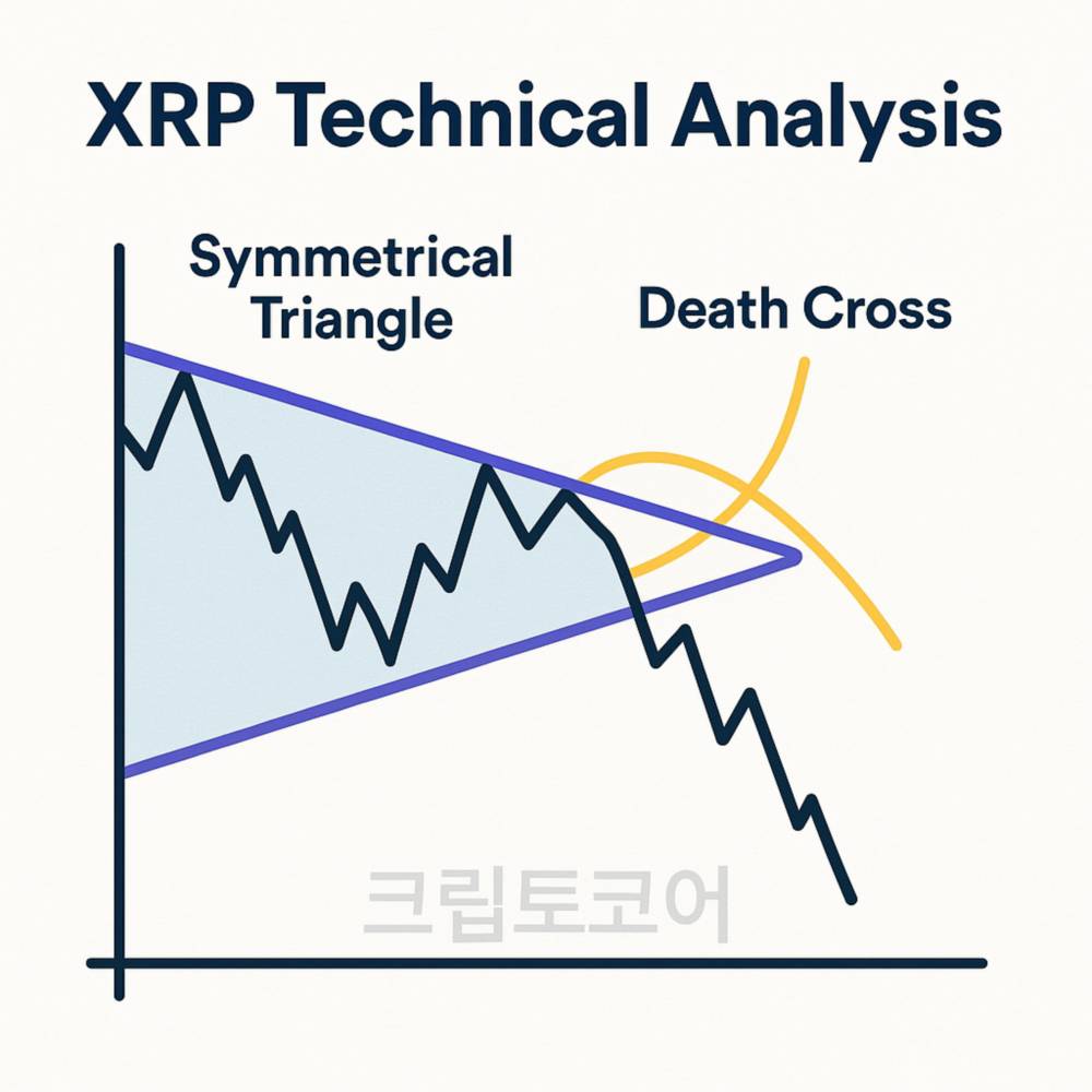XRP 차트에서 대칭 삼각형 패턴과 데스 크로스를 강조한 인포그래픽