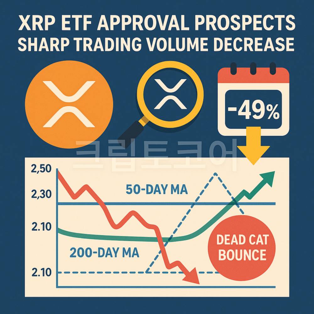 XRP ETF 승인 가능성과 거래량 급감에 따른 시장 변동 요인을 시각화한 인포그래픽