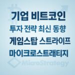 블루스카이 배경에 기업 비트코인, 투자 전략 최신 동향, 게임스탑 스트라이프, 마이크로스트레티지라는 텍스트가 각각 다른 폰트로 입체감 있게 디자인된 이미지
