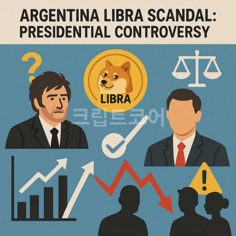 아르헨티나 리브라 스캔들을 주제로 한 인포그래픽, 밀레이 대통령과 LIBRA 밈코인, 경제 그래프, 저울 아이콘, 경고 표시가 포함됨