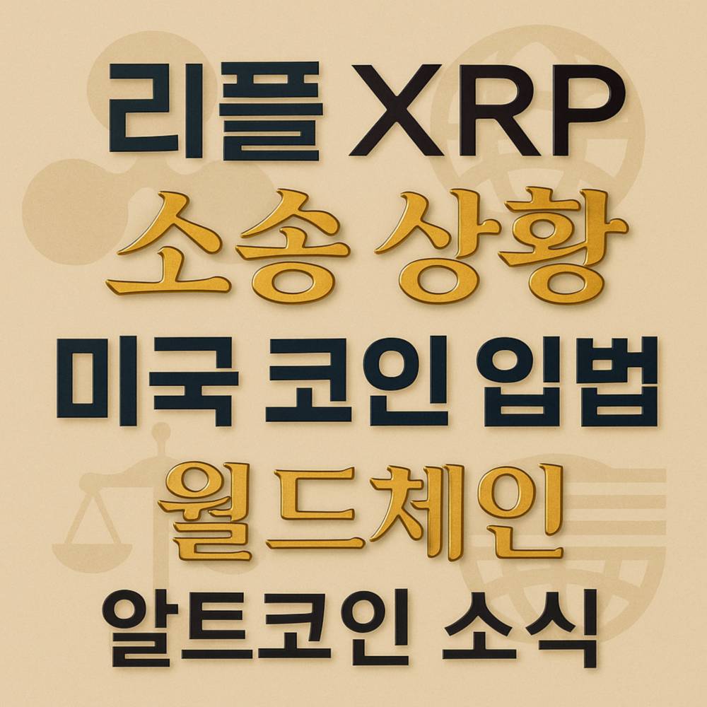 베이지 톤 배경 위에 골드·네이비 믹스 타이포로 ‘리플 XRP / 소송 상황 / 미국 코인 입법 / 월드체인 / 알트코인 소식’ 을 입체감 있게 배열한 1:1 인포그래픽