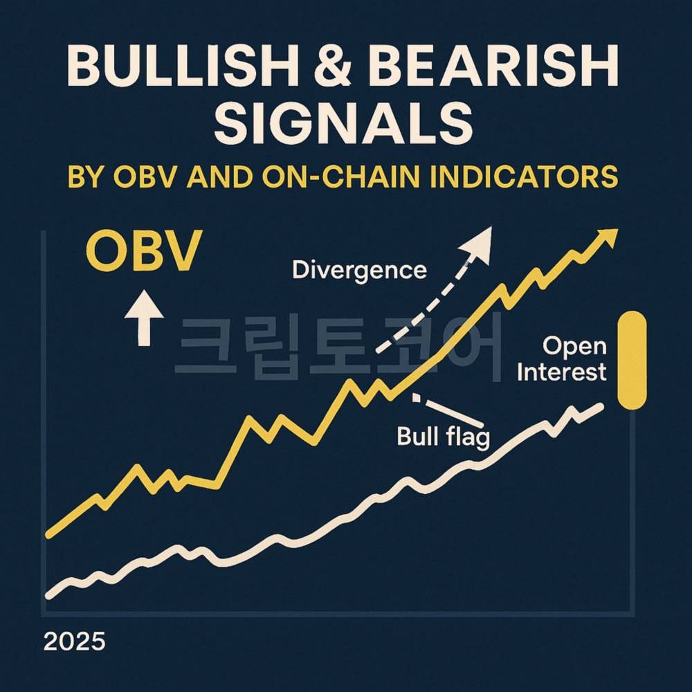OBV와 온체인 지표를 활용한 강세 약세 신호를 시각화한 인포그래픽 이미지