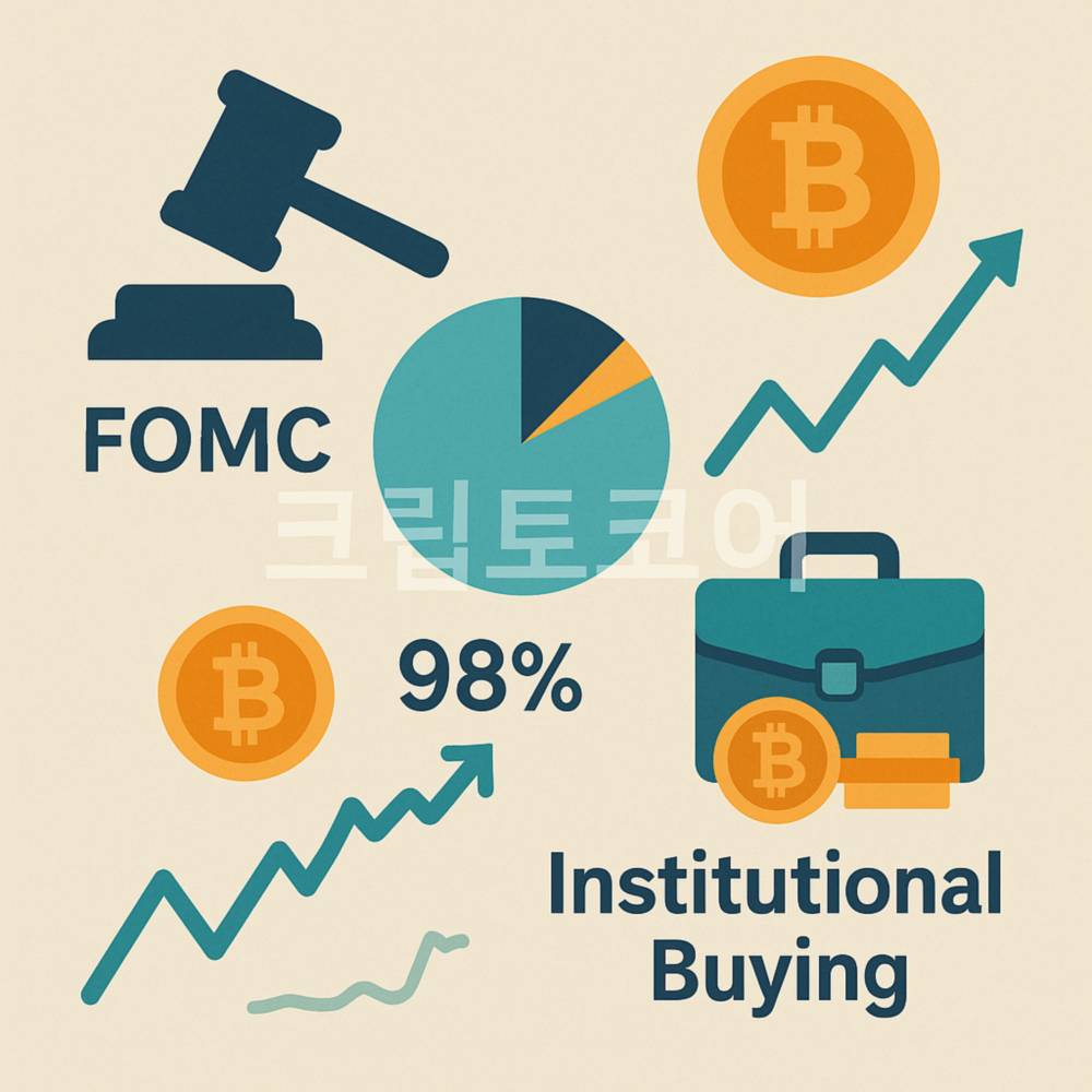 기관 투자 확대와 FOMC 금리 정책을 나타낸 비트코인 인포그래픽