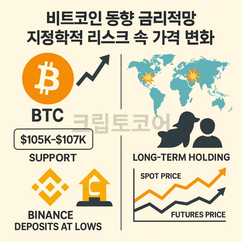 비트코인 가격 동향과 금리 및 지정학 리스크를 시각화한 1:1 비율의 인포그래픽