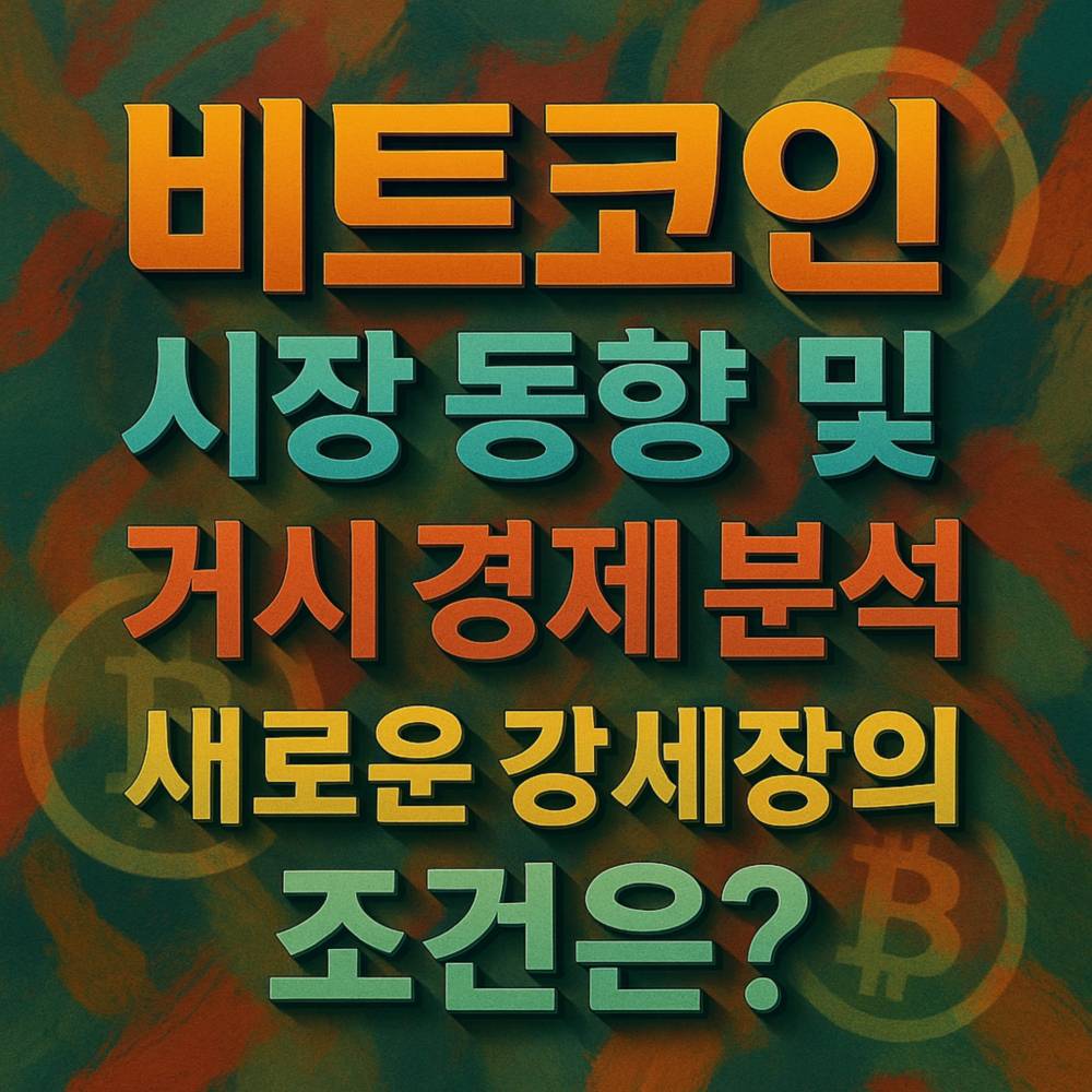 3D 텍스트로 ‘비트코인 시장 동향 및 거시 경제 분석 새로운 강세장의 조건은?’을 담은 정사각형 포스터