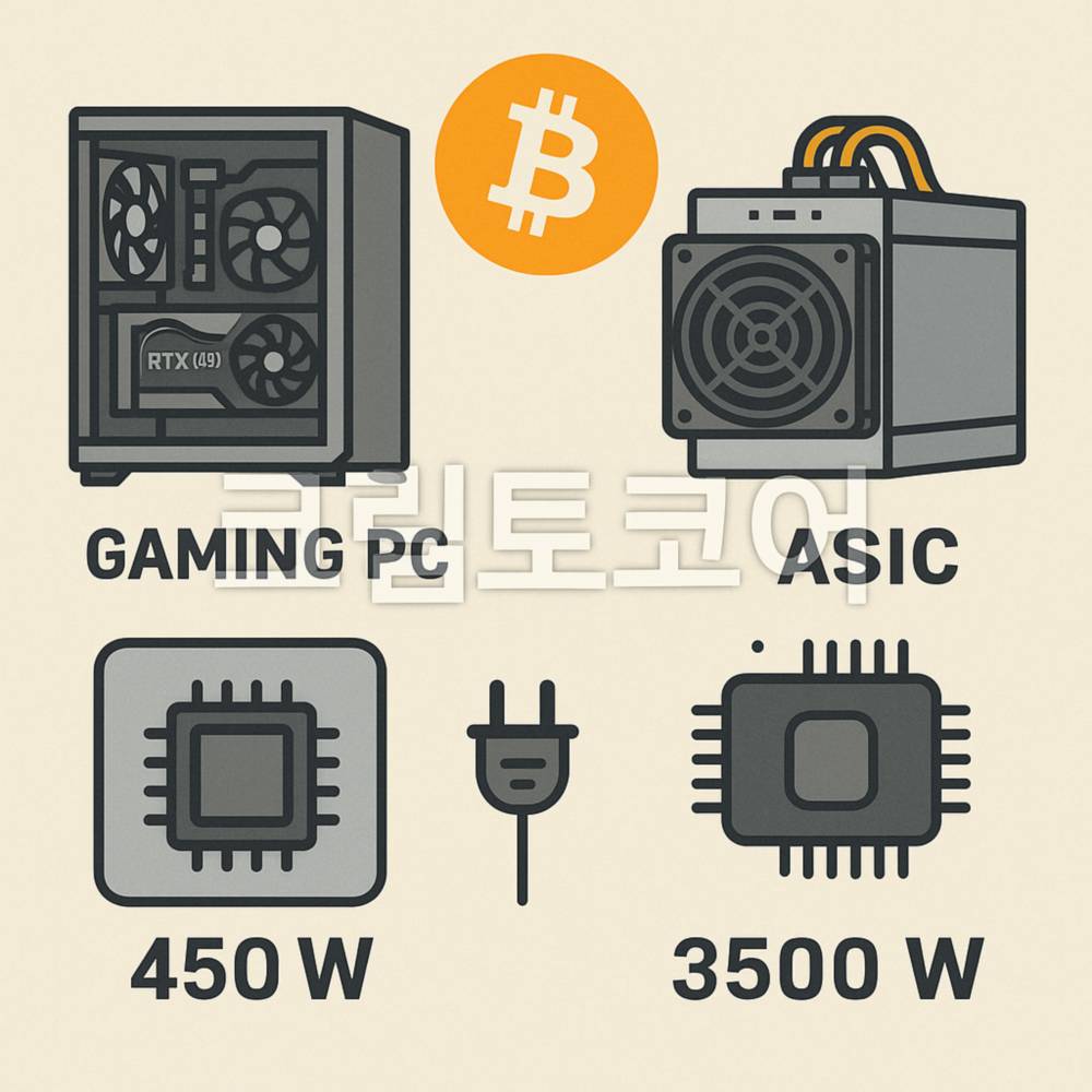 게이밍PC와 ASIC의 채굴 효율성 차이를 나타낸 일러스트 인포그래픽