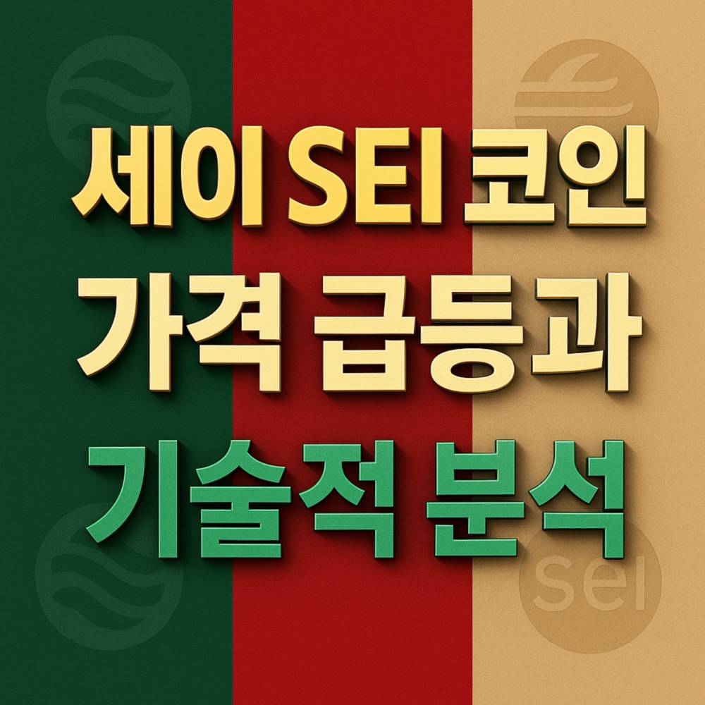 세이 SEI 코인의 가격 급등과 기술적 분석을 강조한 입체적 타이포그래피 포스터