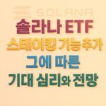 솔라나 ETF와 스테이킹 기능 추가에 대한 기대와 전망을 나타낸 디지털 그래픽 이미지