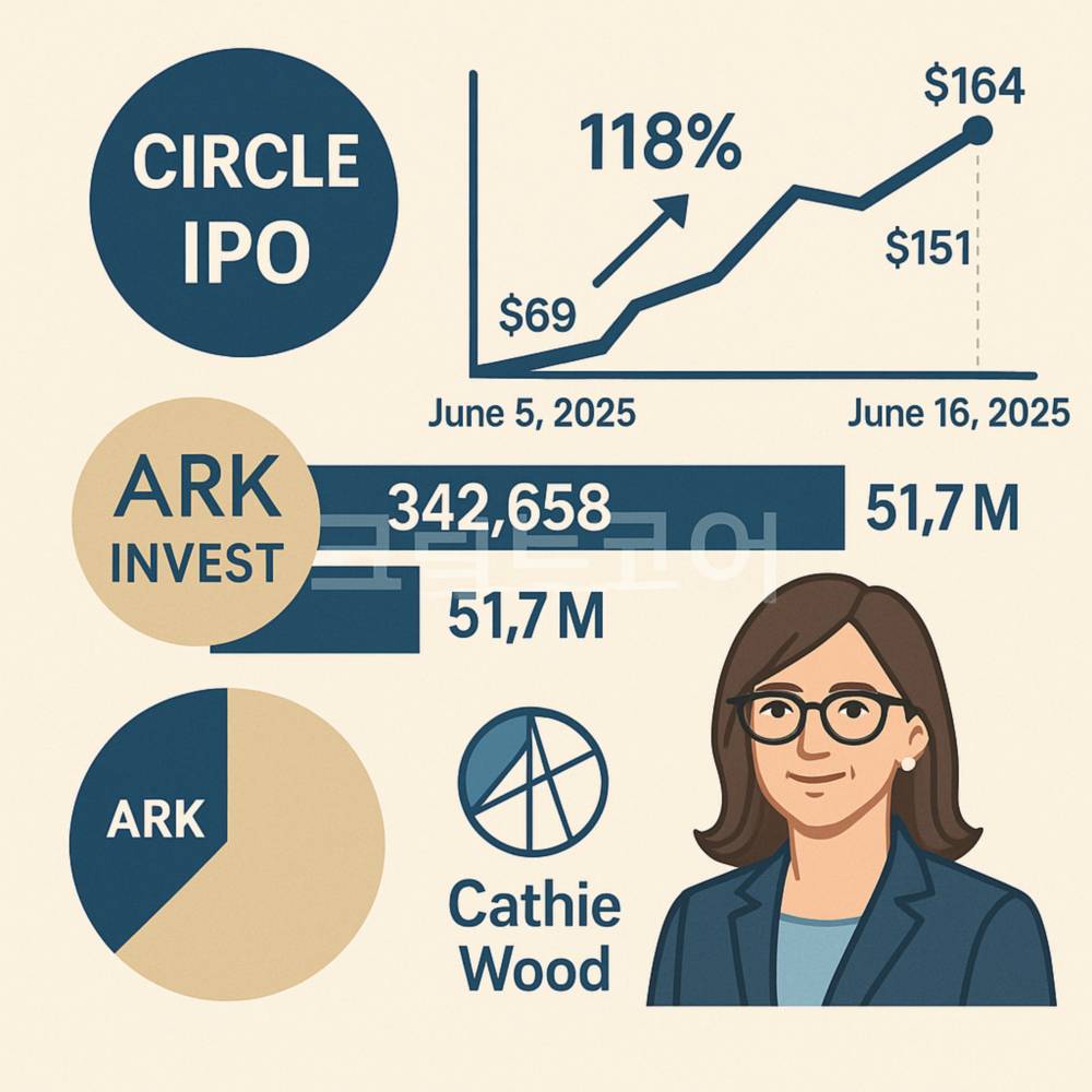 서클 IPO 주가와 ARK 인베스트 투자 동향을 보여주는 깔끔한 인포그래픽
