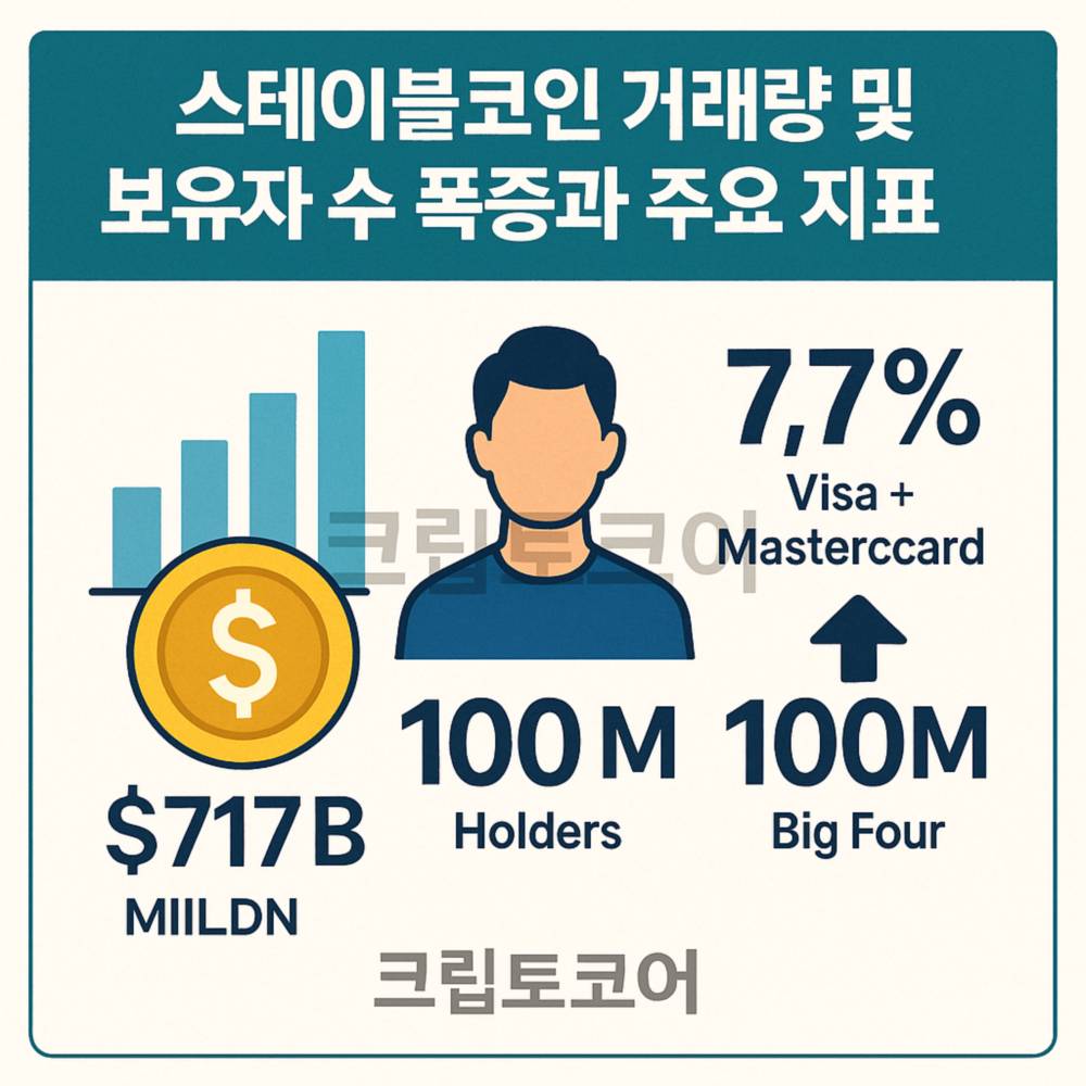 스테이블코인 거래량과 보유자 수 급증을 강조한 인포그래픽, 주요 지표와 비교 수치 포함