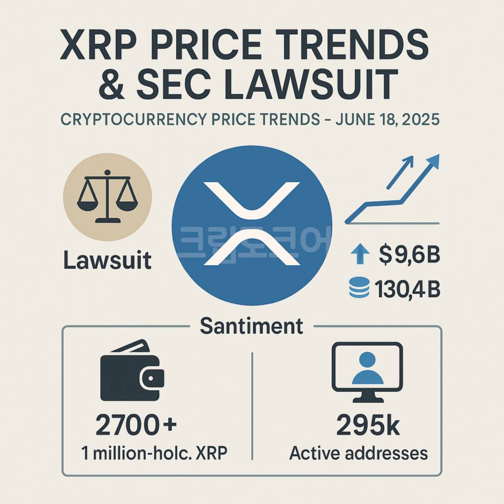 XRP 가격 동향과 SEC 소송 이슈를 요약한 인포그래픽