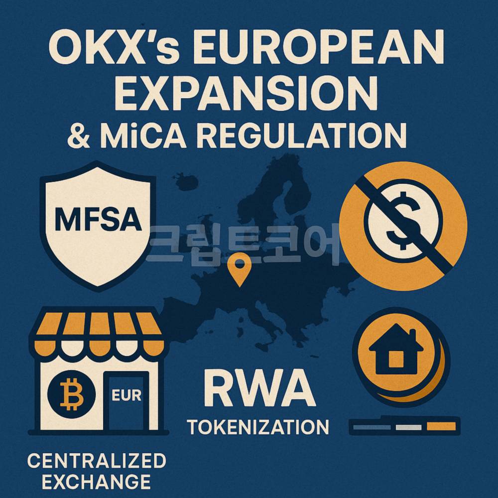 OKX 유럽 시장 확장과 MiCA 규제 적용을 나타낸 인포그래픽