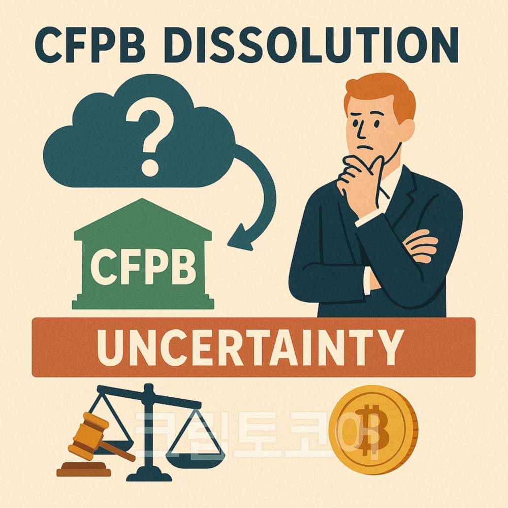 CFPB 해체 논란과 암호화폐 규제 불확실성을 묘사한 인포그래픽