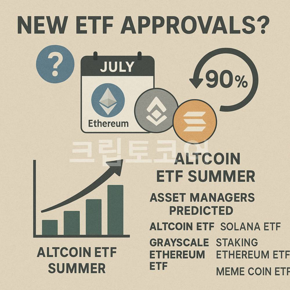ETF 승인 가능성과 알트코인 ETF 썸머를 시각적으로 표현한 인포그래픽, 이더리움과 솔라나 로고, 90% 승인 확률과 자산운용사 예측 내용이 강조됨