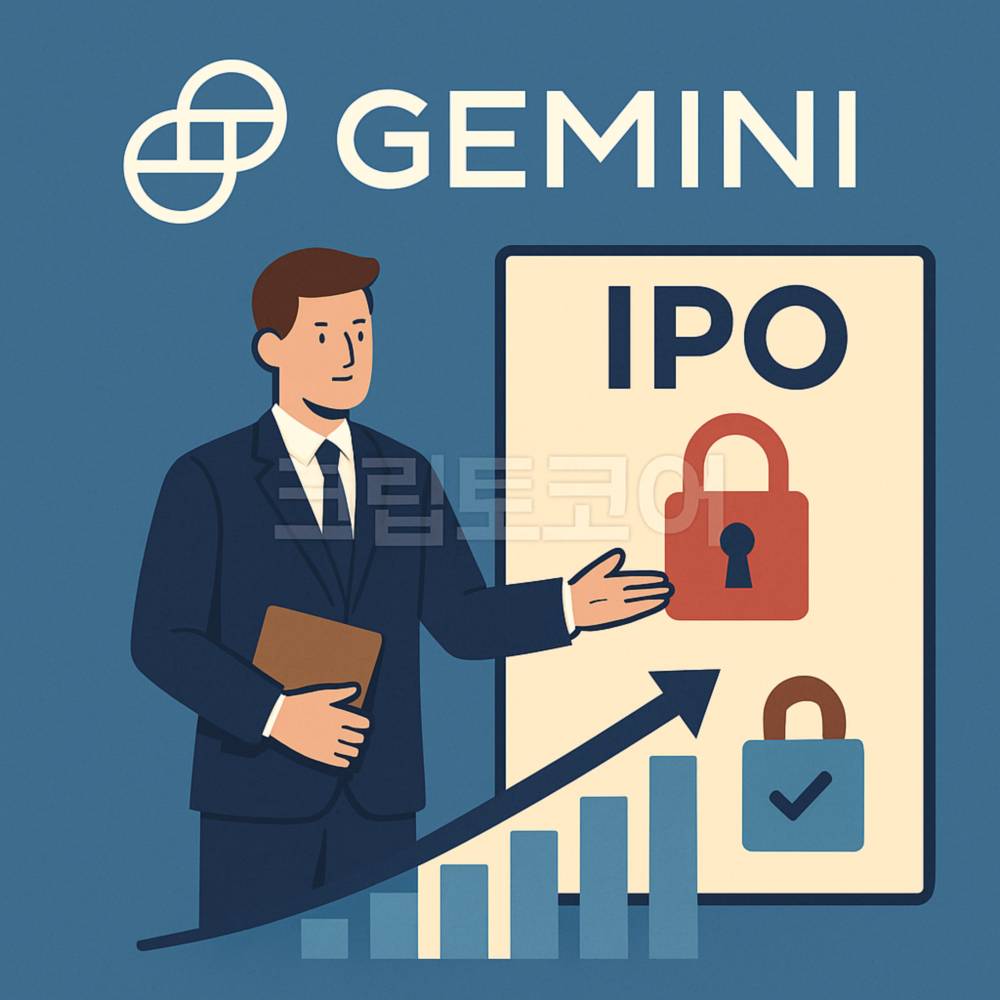 제미니의 IPO 추진을 상징하는 인포그래픽, 상승 그래프와 보안 자물쇠가 포함된 이미지