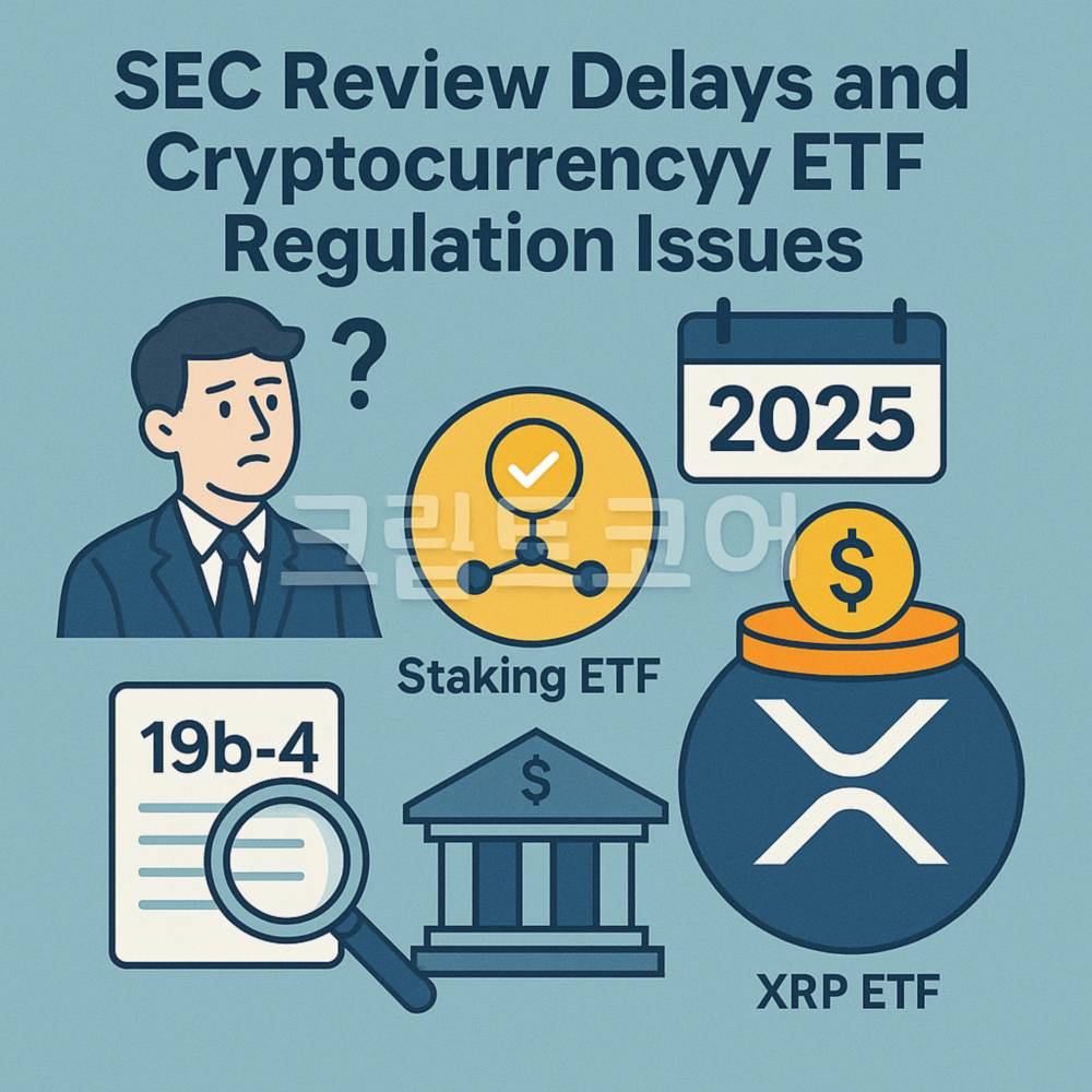 SEC의 암호화폐 ETF 심사 지연과 규제 이슈를 설명하는 인포그래픽, 19b-4 문서, 스테이킹 ETF, XRP ETF, 2025 연기, 고민하는 인물 포함