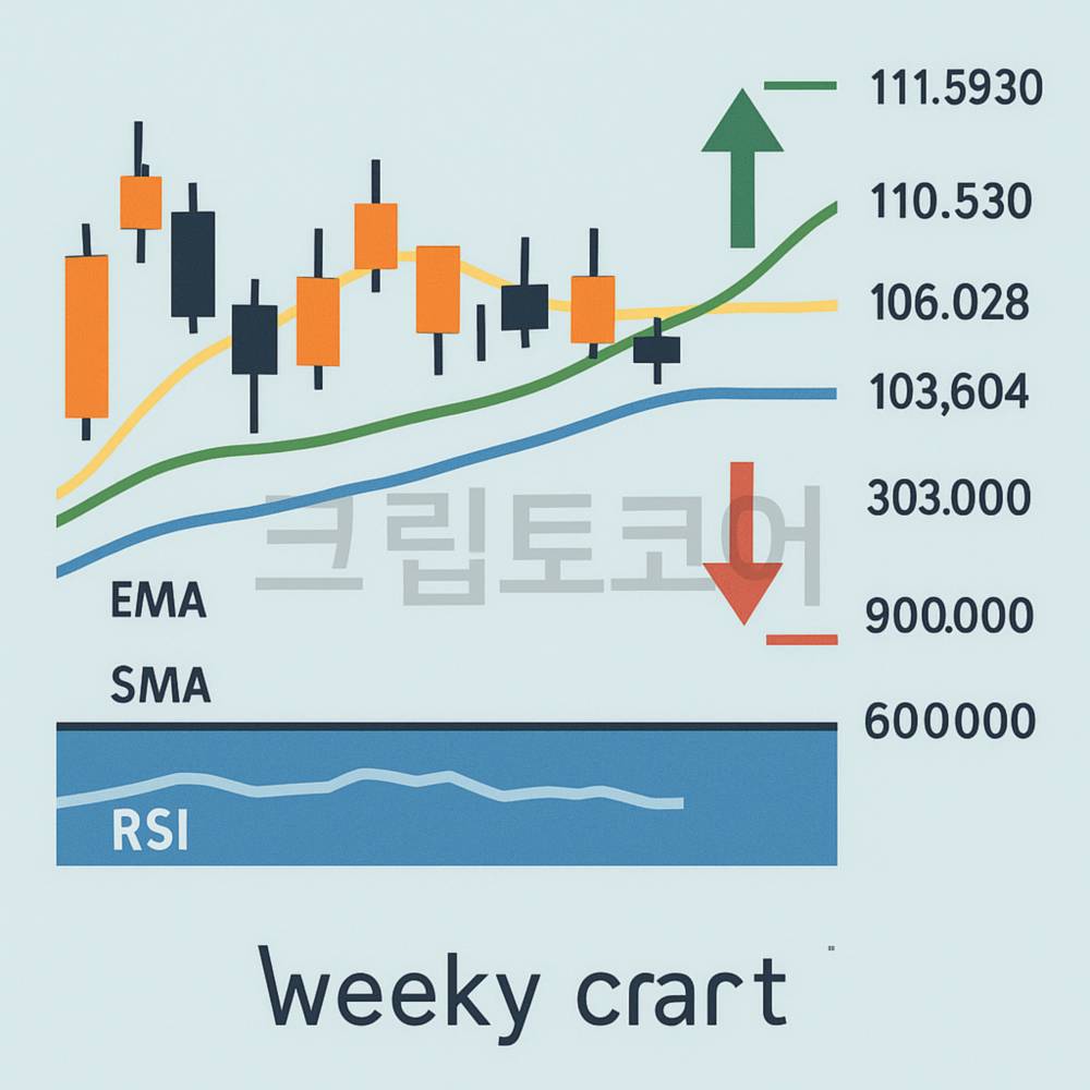 비트코인 주간 기술적 지표와 가격 변동 구간을 보여주는 인포그래픽