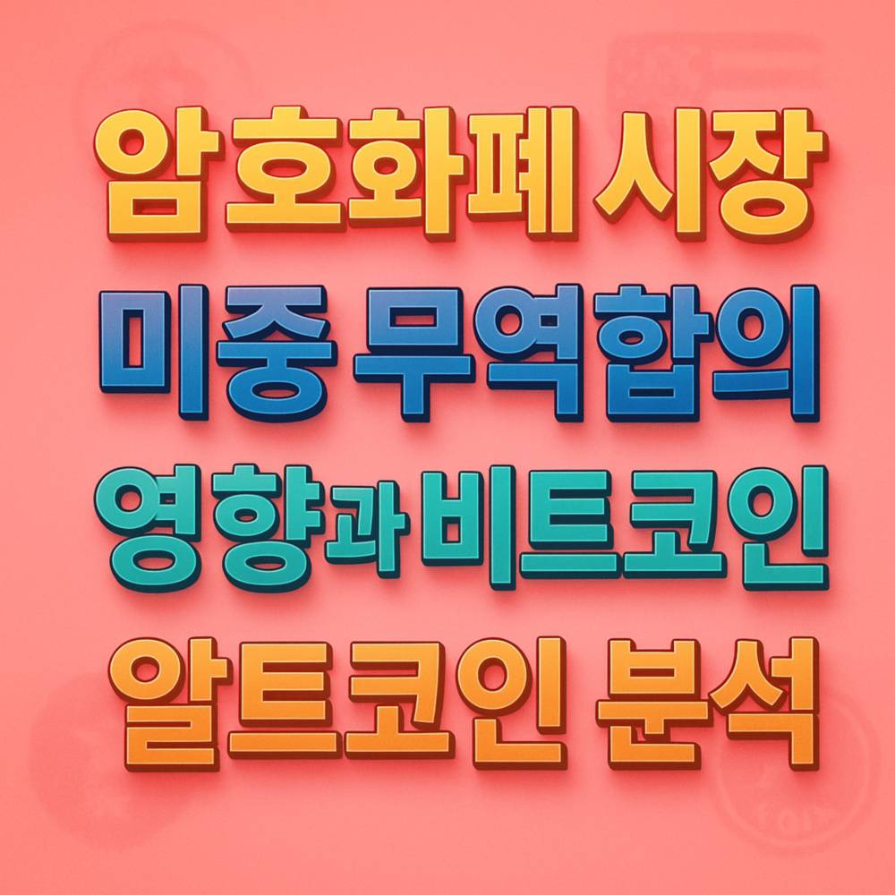 연한 로즈레드 배경 위에 암호화폐 시장과 미중 무역합의, 비트코인 영향 및 알트코인 분석을 주제로 한 3D 스타일의 한글 텍스트 디자인 이미지