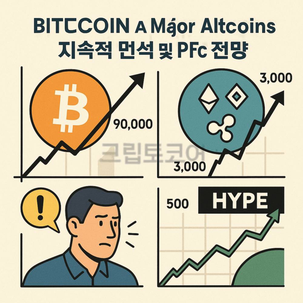 비트코인과 주요 알트코인의 기술적 분석과 가격 전망을 시각적으로 표현한 인포그래픽 이미지