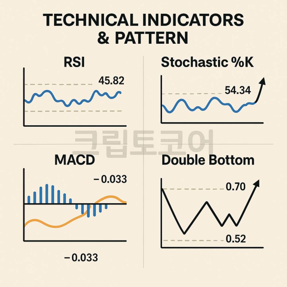 기술적 지표와 패턴을 설명하는 인포그래픽 이미지. RSI, Stochastic, MACD, 더블 바텀 등의 차트와 수치가 직관적으로 표현됨