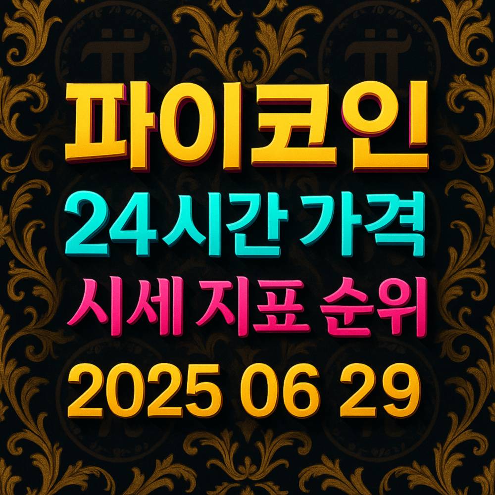 파이코인·24시간 가격·시세 지표 순위·2025 06 29 네 줄을 화려한 그라데이션 3D 글자로 배치한 스퀘어 포스터