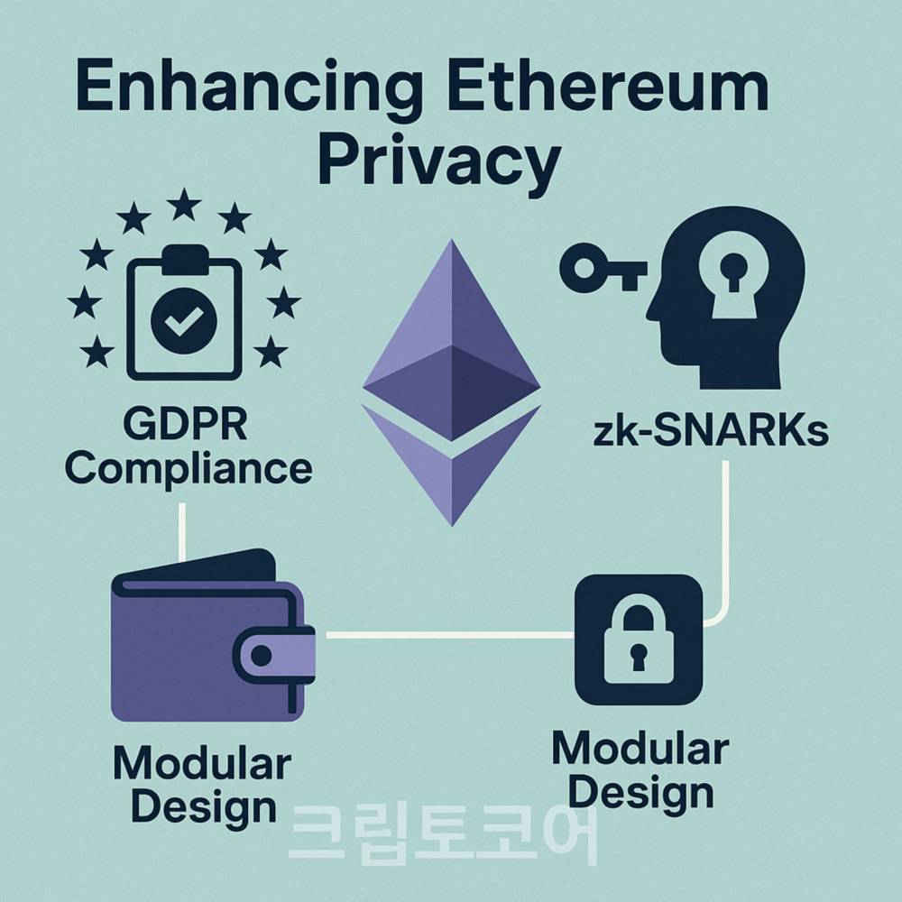 이더리움 프라이버시 강화 기술을 설명하는 인포그래픽. GDPR 준수, 모듈형 설계, zk-SNARK가 중심 요소로 연결되어 있음