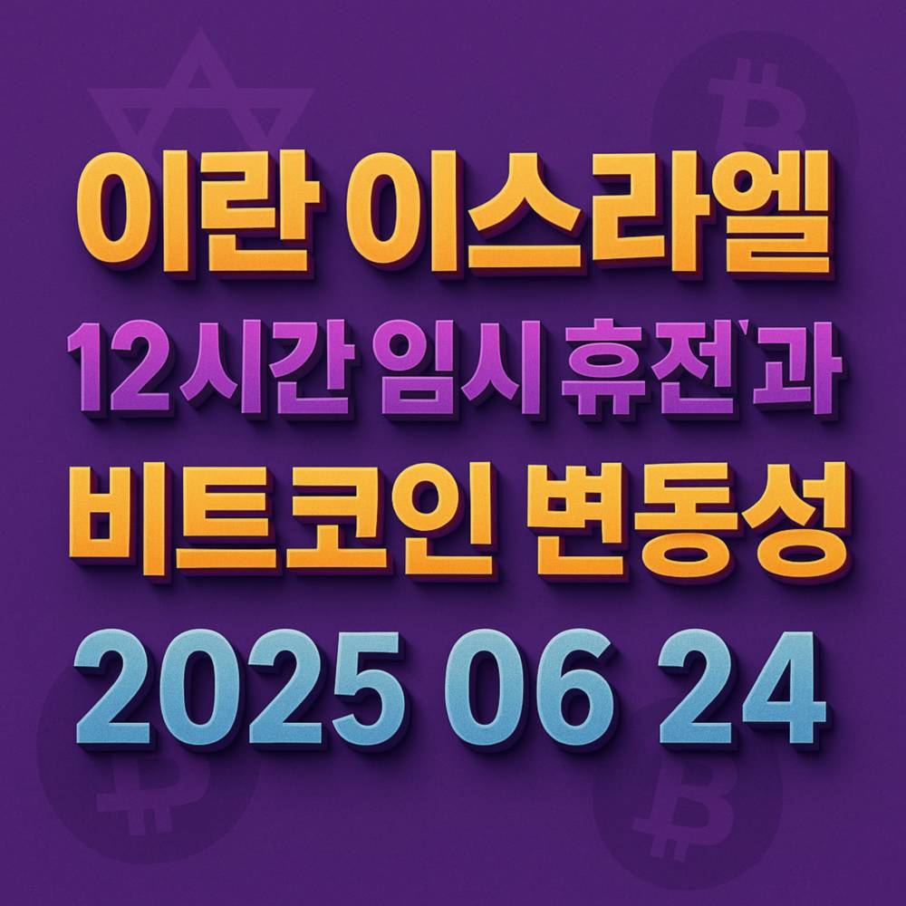 비트코인과 이스라엘 심볼이 흐릿한 배경에 입체적인 한글 영어 텍스트 디자인