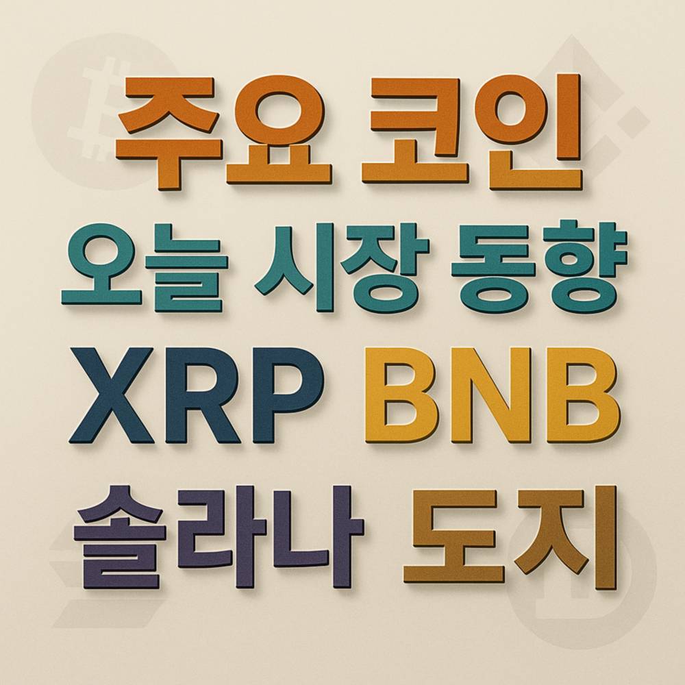 주요 코인과 오늘 시장 동향을 강조한 3D 스타일의 한글과 영어 텍스트 디자인