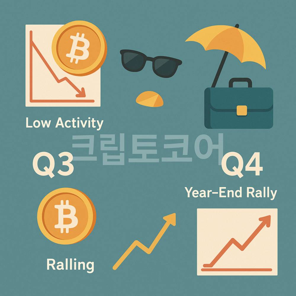 시장 심리와 계절 흐름을 보여주는 인포그래픽, Q3 저활동과 Q4 연말 랠리를 상징하는 아이콘과 그래프 포함