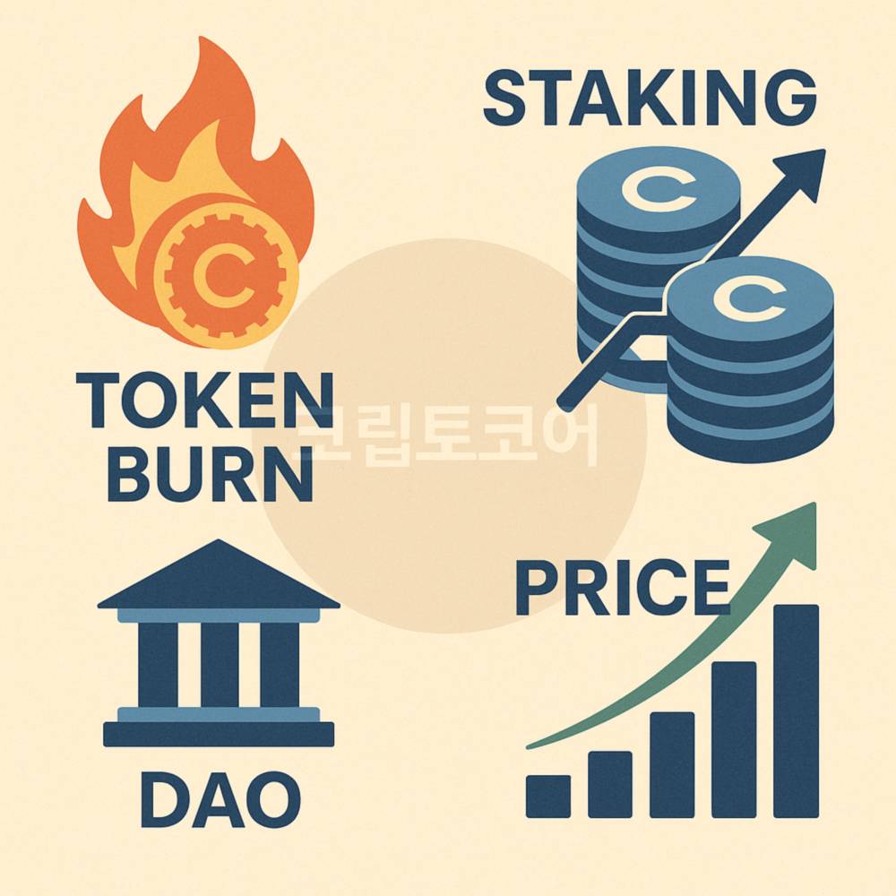 대규모 CFX 토큰 소각과 스테이킹, DAO 승인을 강조하는 인포그래픽, 가격 상승 그래프 포함
