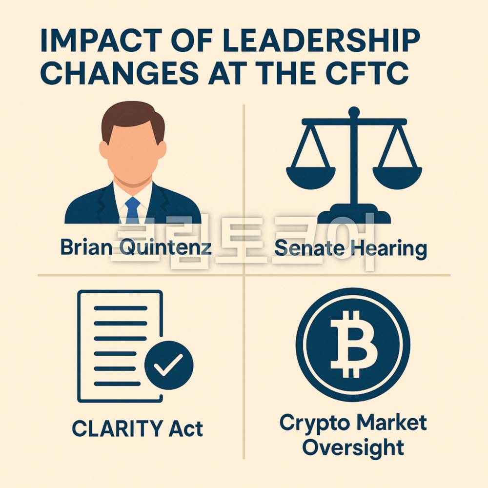  미국 CFTC 인사 변화의 주요 이슈를 요약한 인포그래픽. 중앙에는 흐릿하게 '크립토코어'라는 한글 워터마크가 있고, 각각의 사분면에는 브라이언 퀸텐즈, 상원 청문회, CLARITY 법안, 암호화폐 시장 감시 관련 아이콘과 텍스트가 배치됨