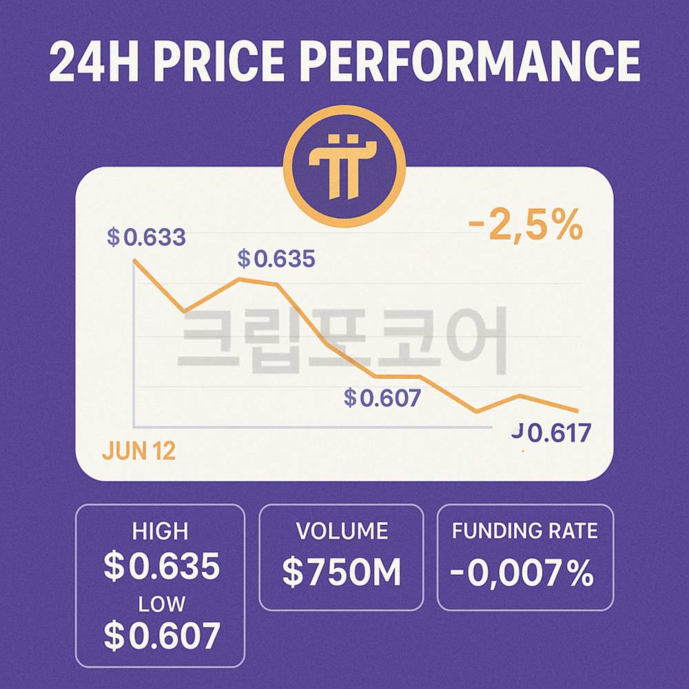 파이코인의 24시간 가격 변동을 보여주는 인포그래픽, 가격 하락률과 거래량, 펀딩비 등 핵심 지표 포함.