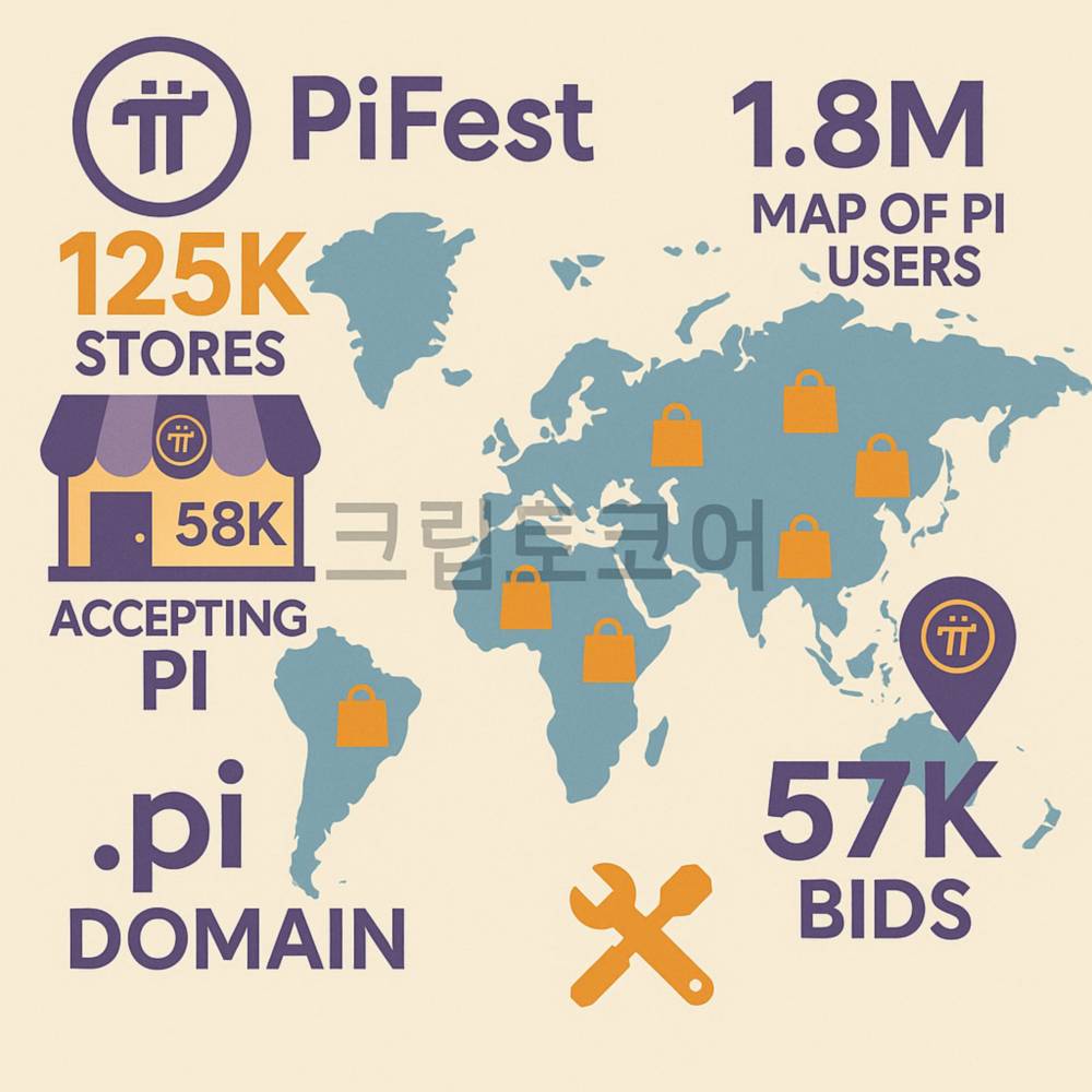 파이페스트 참여 매장·Map of Pi 사용자·.pi 도메인 입찰 현황을 한눈에 보여주는 인포그래픽