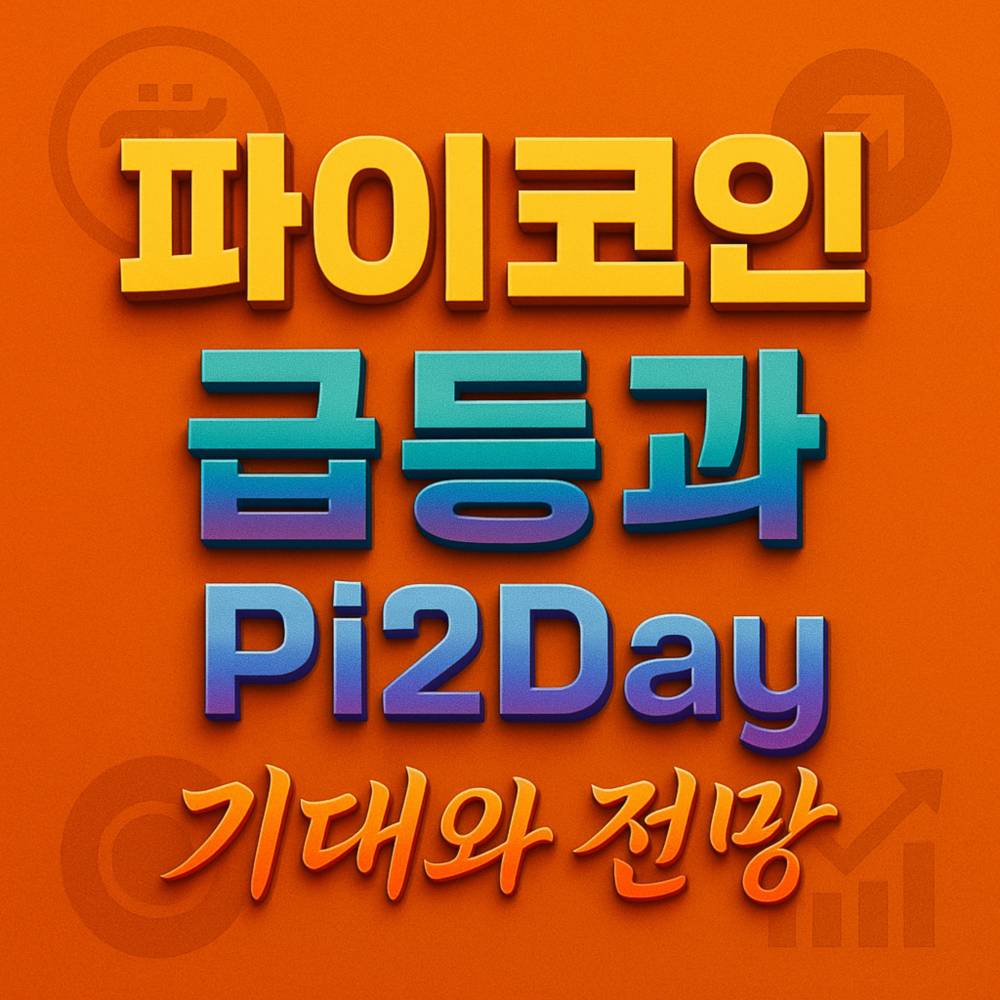 오렌지 배경에 파이코인·급등과·Pi2Day·기대와 전망 문구를 화려한 그라디언트와 그림자로 입체감 있게 배치한 인포그래픽