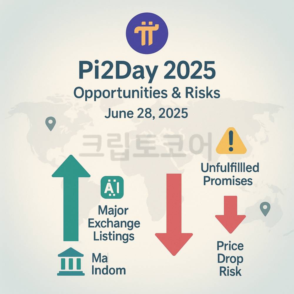 Pi2Day 2025의 기회와 위험을 한눈에 보여주는 크립토코어 워터마크 인포그래픽