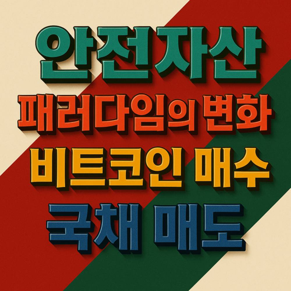 ‘안전자산·패러다임의 변화·비트코인 매수·국채 매도’ 4줄이 각기 다른 입체 글꼴로 중앙 정렬된 고급 타이포 디자인