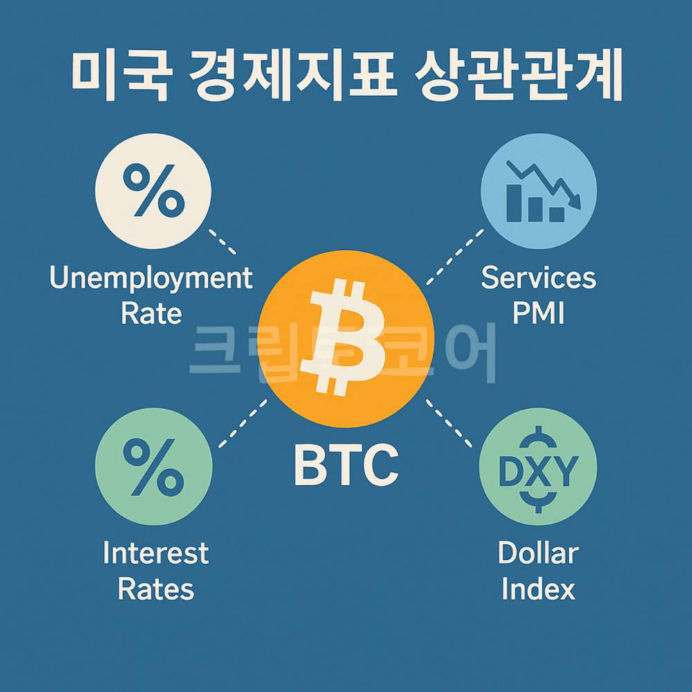 미국 경제지표와 비트코인의 관계를 나타낸 인포그래픽. 중앙에 비트코인 심볼이 있고, 주변에 실업률, 서비스업 PMI, 금리, 달러 인덱스가 연결되어 있음.