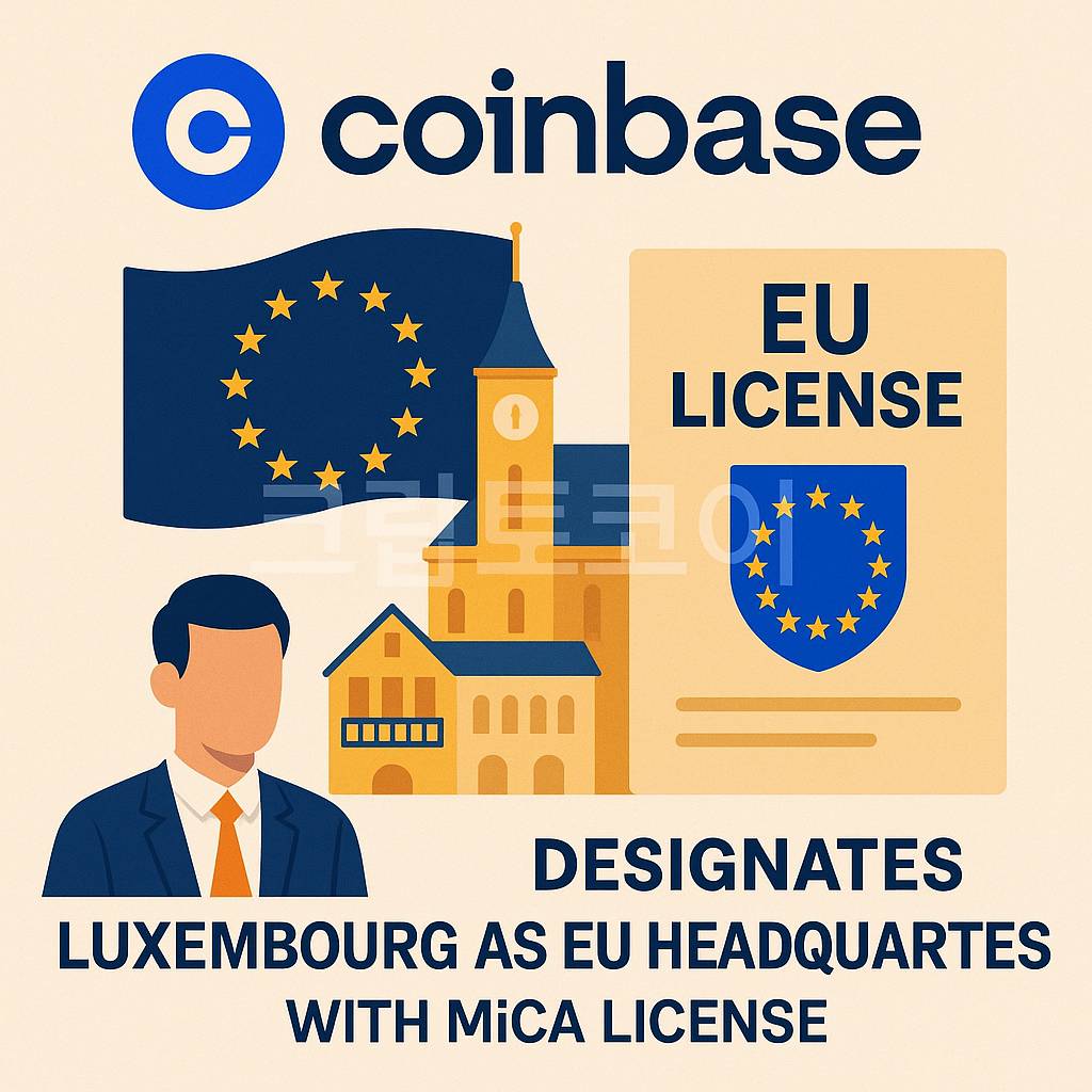 코인베이스 룩셈부르크 EU 본사 지정과 MiCA 라이선스 취득 인포그래픽