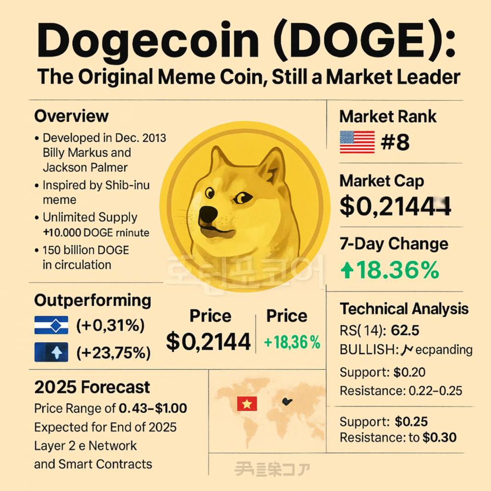 도지코인 (DOGE): 밈코인의 원조, 여전한 시장 리더