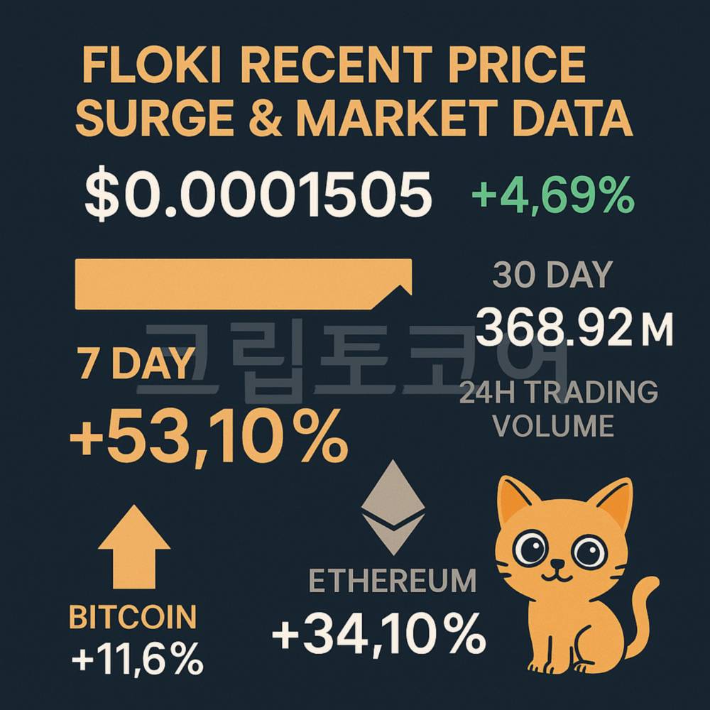 FLOKI 가격 급등을 보여주는 깔끔한 인포그래픽 이미지