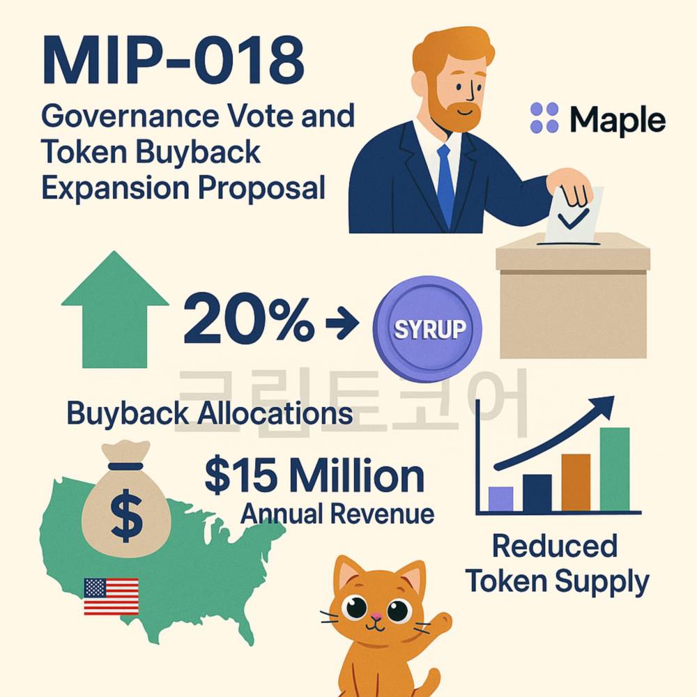 메이플파이낸스의 MIP-018 제안과 시럽 토큰 바이백 확대를 설명하는 2D 인포그래픽
