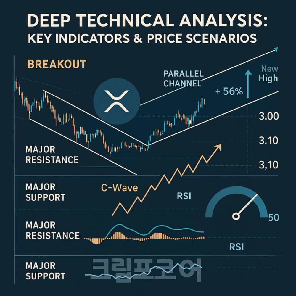 XRP 기술적 분석과 상승 시나리오를 시각화한 인포그래픽