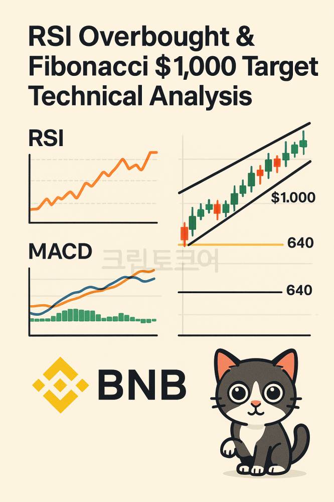 BNB 기술 분석 인포그래픽, RSI 과매수, MACD 상승 모멘텀, 피보나치 $1,000 목표가 표시