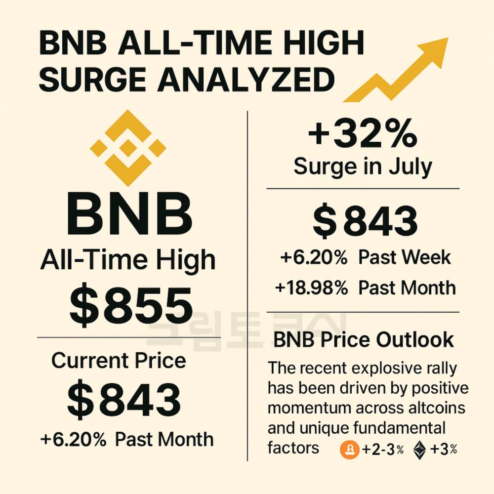 BNB 가격 급등 분석 인포그래픽, 최고가와 최근 상승률, 가격 전망 강조