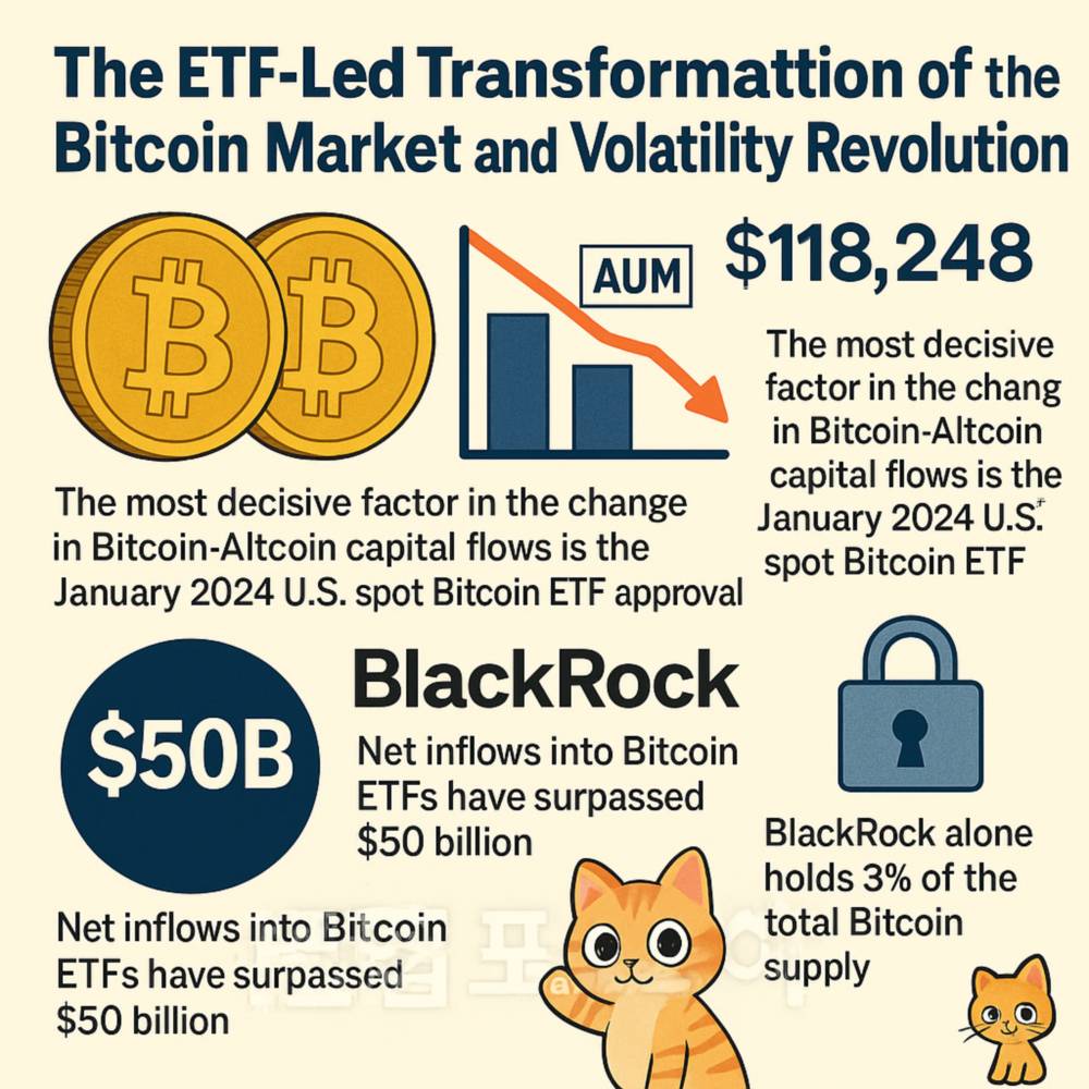 ETF 승인으로 인한 비트코인 시장 변화와 변동성 감소를 설명하는 인포그래픽