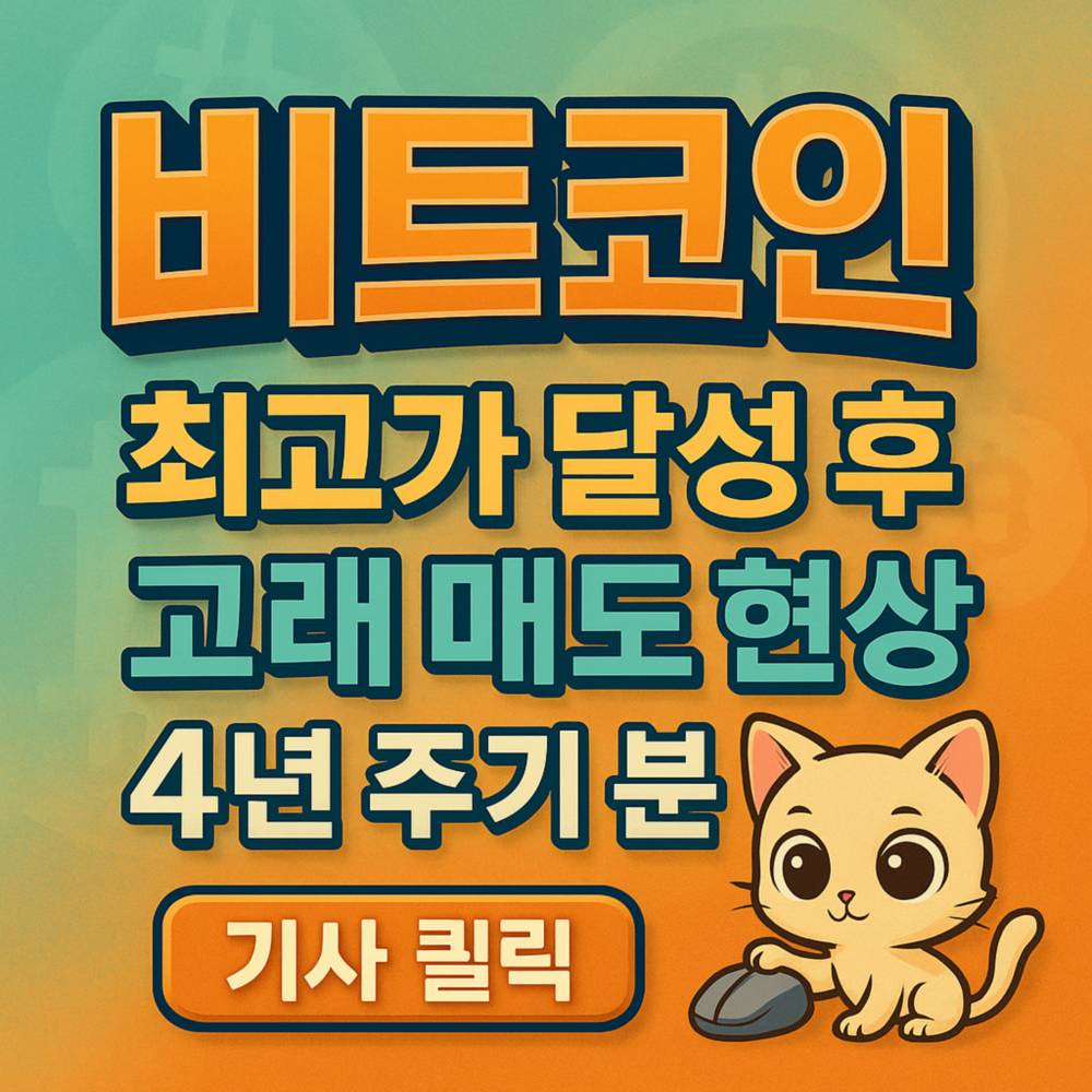 비트코인  최고가 달성 후  고래 매도 현상  4년 주기 분석 문구와 ‘기사 클릭’ 버튼이 강조된 입체형 한글 타이포그래픽 포스터